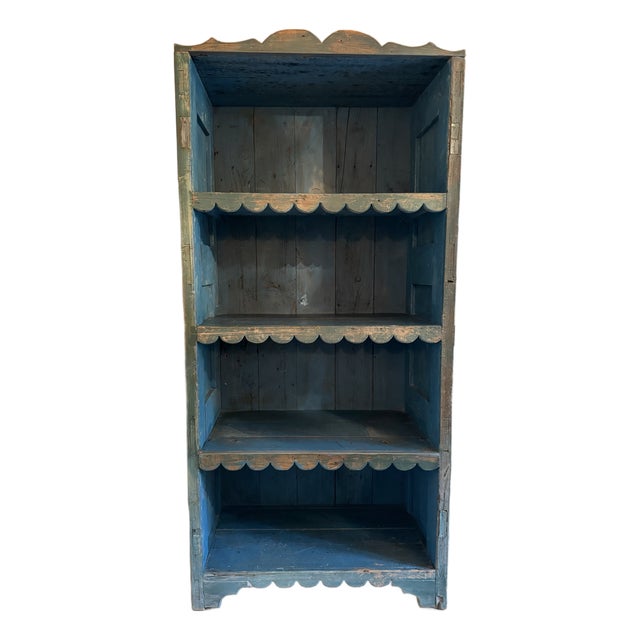 Antique Primitive Blue Painted Open Cupboard With Scalloped Shelves – 80”h For Sale