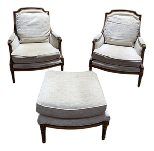 Louis XVI Style Lounge Chairs in Beige Fabric with Ottoman, Set of 3