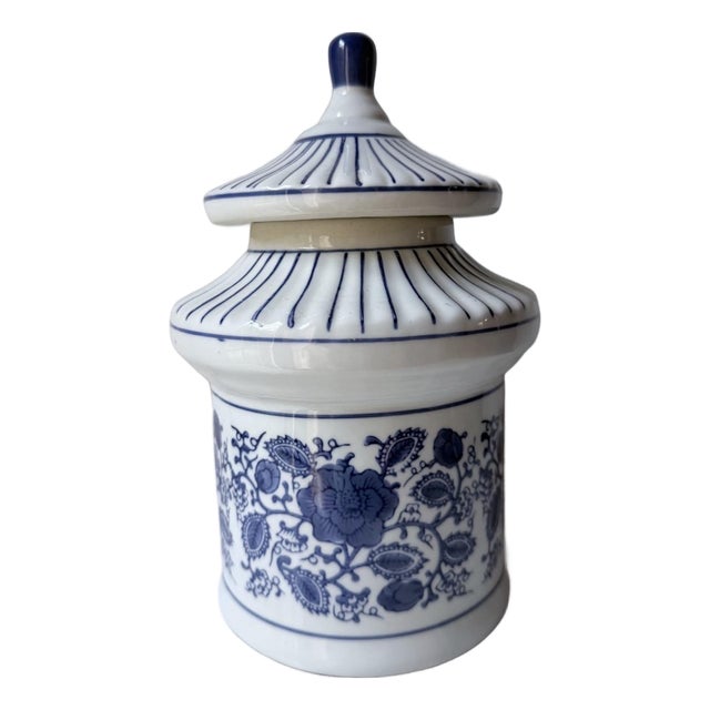 Asian- Chinoiserie Floral Body Paired With a Striped Pagoda Roof Lid Canister For Sale