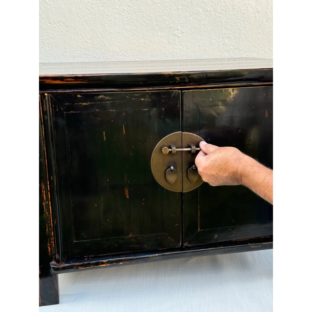 1950s Pair of Vintage Chinese Chests / Night Tables : Vintage Wood Ebony Lacquer With Brass Hardware and Beautiful Patina For Sale - Image 5 of 12