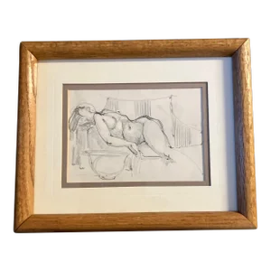 1970’s Original Vintage Abstract Expressionist Female Nude Pencil Drawing Vintage Wood Frame