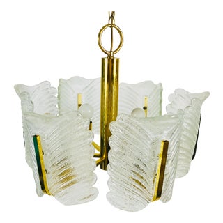 1960s Mid-Century Brass and Ice Glass Chandelier by Carl Fagerlund for Jsb For Sale