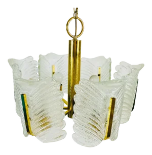 1960s Mid-Century Brass and Ice Glass Chandelier by Carl Fagerlund for Jsb