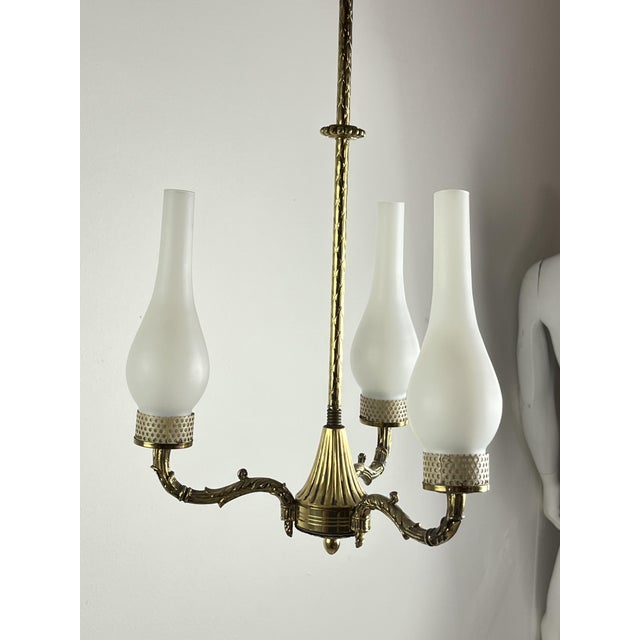 Gold Mid-Century 3-Light Chandelier in Brass and Opaline Glass in the style of Stilnovo, 1950s For Sale - Image 8 of 12