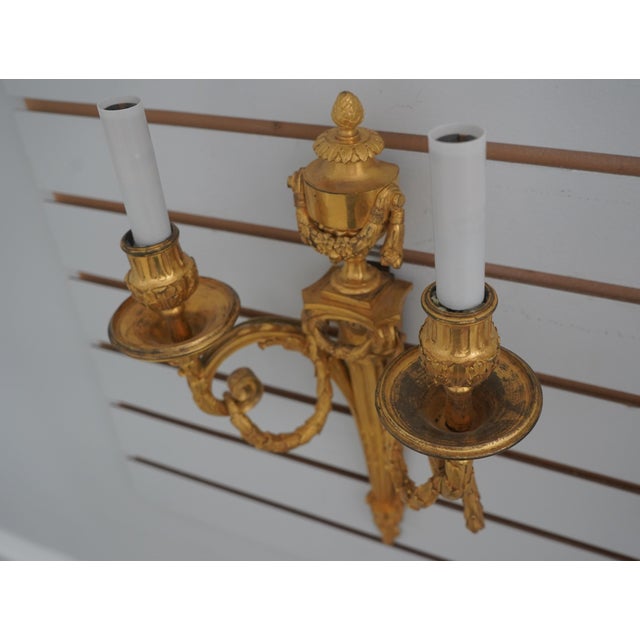 Vintage French Bronze Louis XVI Twin Arm Sconces - a Pair For Sale - Image 4 of 9