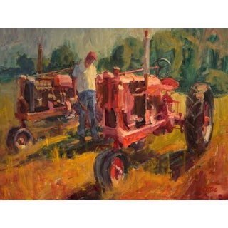 Farmalls Field by Ken Valastro | Oil Painting of red tractors in a field with a farmer For Sale