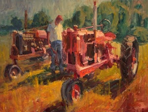 Farmalls Field by Ken Valastro | Oil Painting of red tractors in a field with a farmer