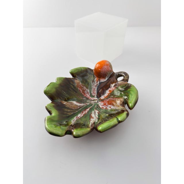 Brown Ceramic Drip Glaze Vine Leaf Dish in Green and Orange from Vallauris, France, 1960s For Sale - Image 8 of 11