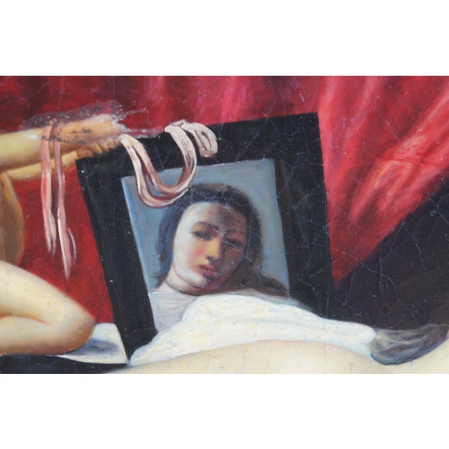 Vintage Baroque Style Reclining Female Nude Oil Painting Divan Cherub Framed 38" For Sale - Image 9 of 12
