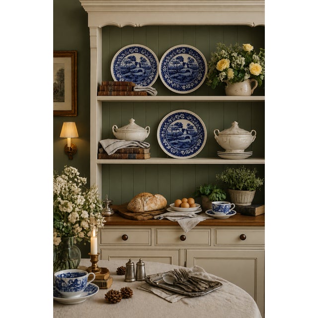 Set of three Copeland Spode’s “Tower” blue transferware 10.25" dinner plates, made in England and richly decorated in the...