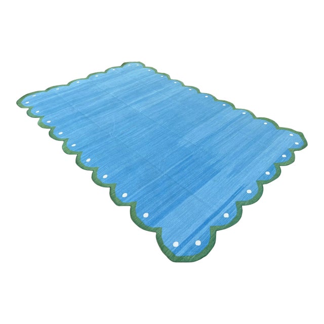 Handmade Cotton Scalloped Reversible Rug, Sky Blue and Forest Green Dhurrie-12'x15' For Sale