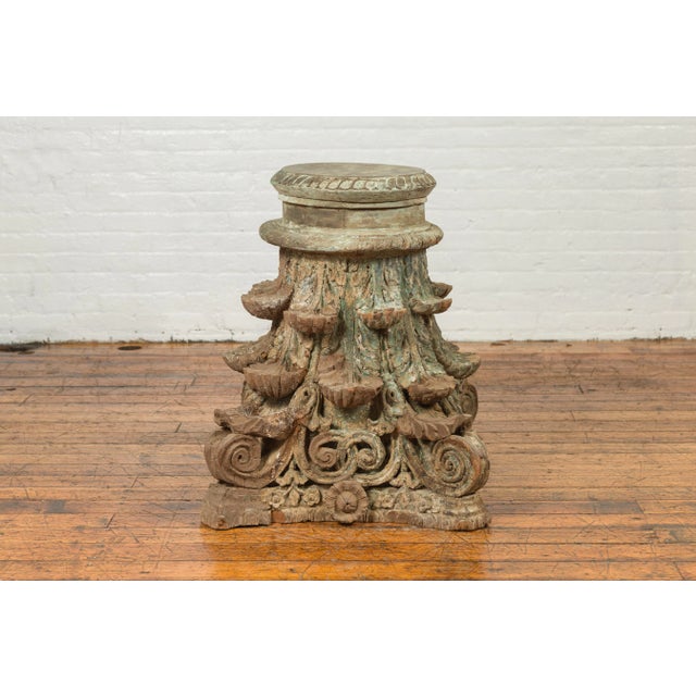 Antique Indian Corinthian Temple Capital Carving with Distressed Patina For Sale - Image 10 of 13