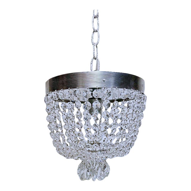 Vintage Hollywood Regency Reeded Tiered Crystal Basket Chandelier For Sale