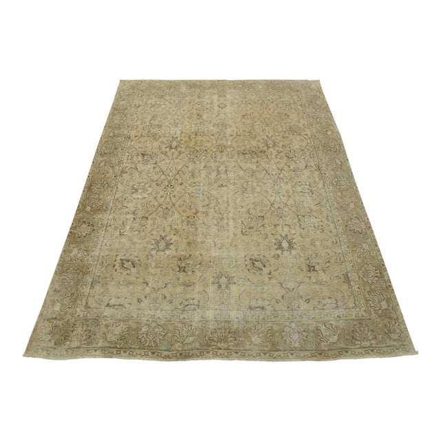 Tabriz Rug 9’7” X 11’9” Beige Wool Vintage Distressed Hand-Knotted Carpet For Sale