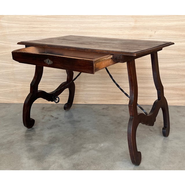 Spanish 1880s Walnut Side Table or Lady Desk, Lyre Legs and Iron Stretcher For Sale - Image 9 of 11