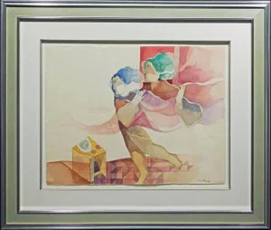 1980s Sunol Alvar "Untitled" Original Artwork Watercolor with Custom Frame Hand Signed