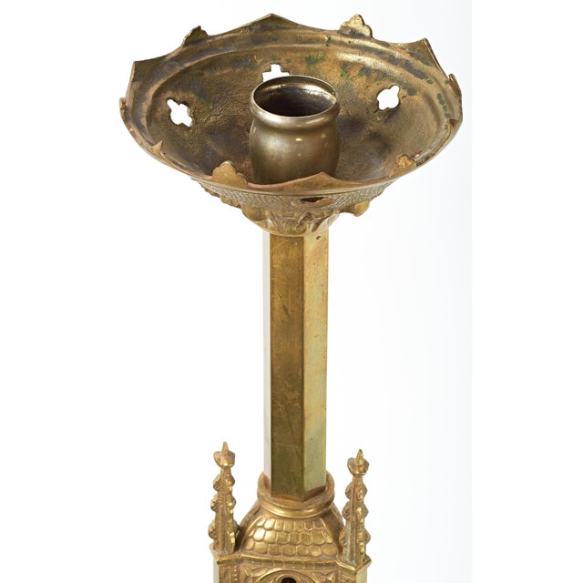 Metal Pair Antique Gothic Cathedral Brass Candlesticks For Sale - Image 7 of 12
