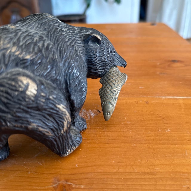 Metal Mid 20th Century Black Bear With Salmon Catch Painted Bronze For Sale - Image 7 of 12