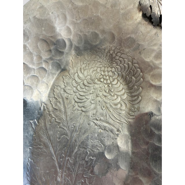 Vintage Continental Silver Co. Hand Wrought Aluminum Tray, Chrysanthemum Motif For Sale - Image 4 of 11