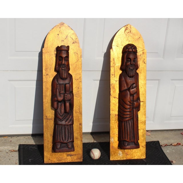 Jaru of California 1960s Jaru California 36" Wall Art Wood Carved Figures Gold Plaques For Sale - Image 4 of 17