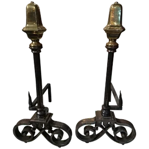 Polished Iron and Brass Chenets or Andirons, 19th Century - a Pair