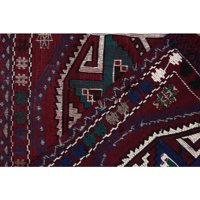 Handwoven Vintage Turkish Kilim Rug in Wine, Teal & White Geometric Pattern For Sale In New York - Image 6 of 6