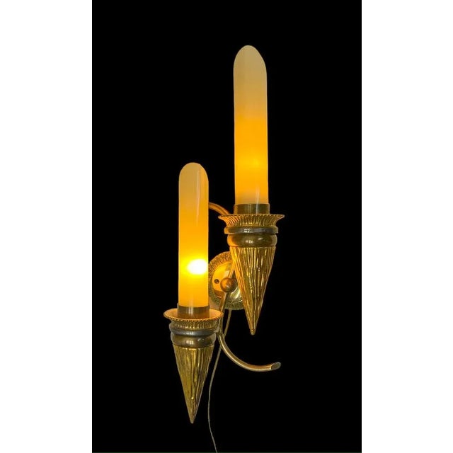 Art Deco Bronze Torchiere Wall Light with Glass Candles, 1950s For Sale - Image 4 of 12
