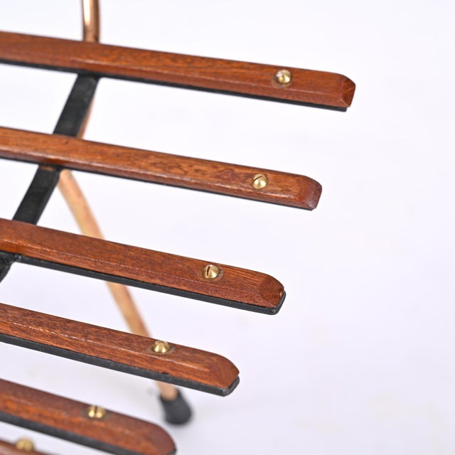 Mid-Century Italian Enameled Metal, Teak and Brass Magazine Rack, 1960s For Sale - Image 15 of 16