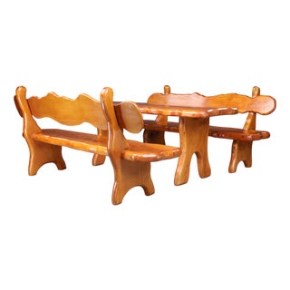 Alpine Pine Dining Table and Benches, France, 1970s, Set of 3 For Sale