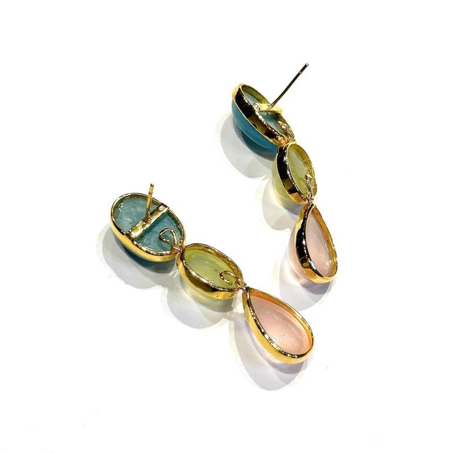 Bochic "Orient" Vintage Pink Quartz, Turquoise & Peridot Earrings 18K Gold & Silver For Sale - Image 11 of 18
