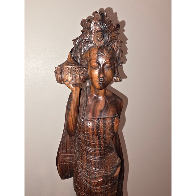 Large 18.5" Mid-Century Two-Tone Macassar Ebony Balinese Offering Maiden Sculpture For Sale - Image 11 of 12