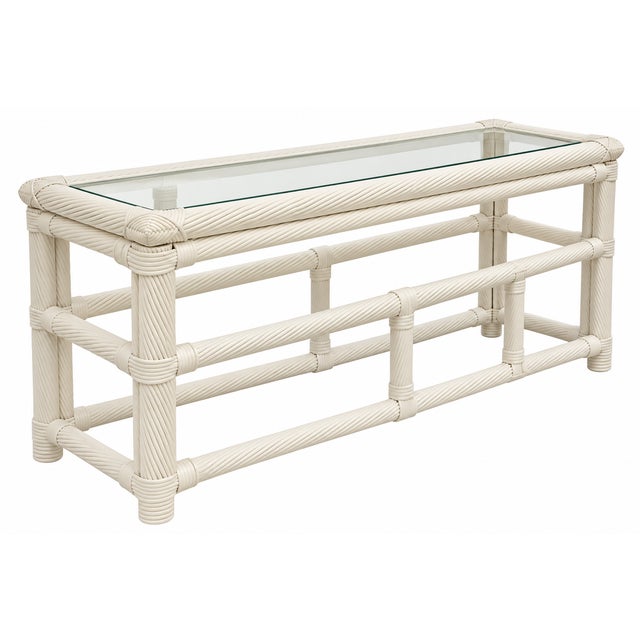 Mid-Century Modern Vintage Pencil Reed Rattan Console Table With Glass Top For Sale - Image 3 of 7