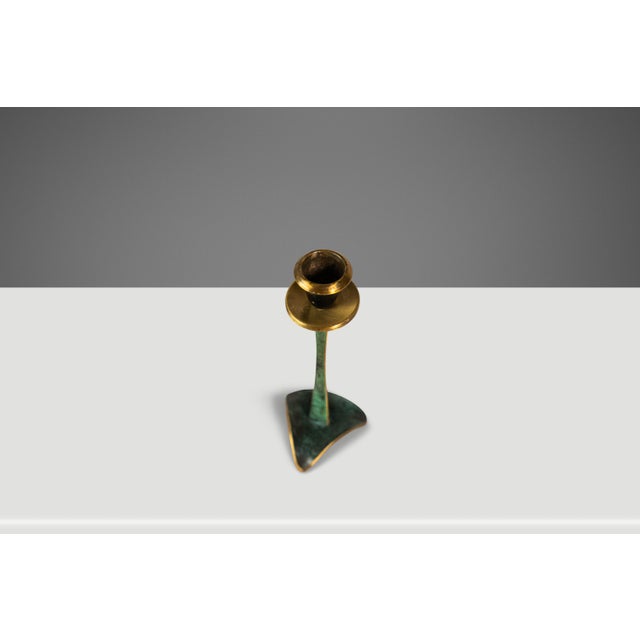 Brass Set of Two (2) Mid-Century Post Modern Judaica Candlestick Holders in Brass and Acrylic Paint Attributed to Oppenheim, Israel, C. 1985 For Sale - Image 8 of 16