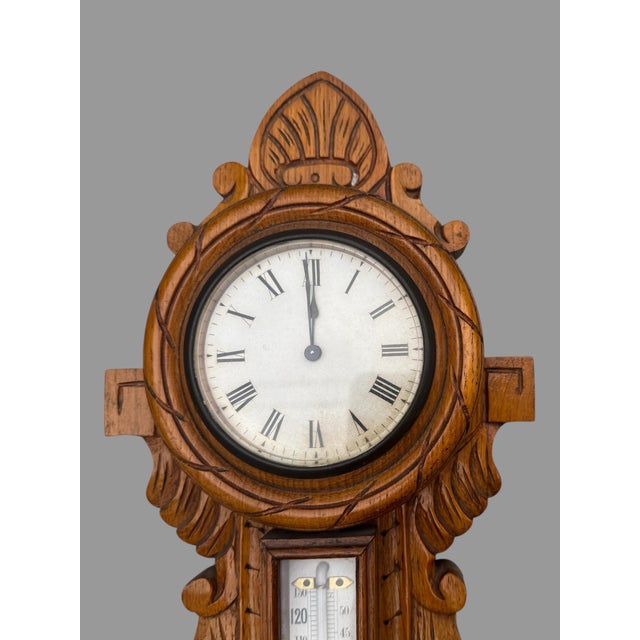 Antique Victorian Oak Wal Hanging Carved Barometer Thermometer Clock For Sale - Image 12 of 12