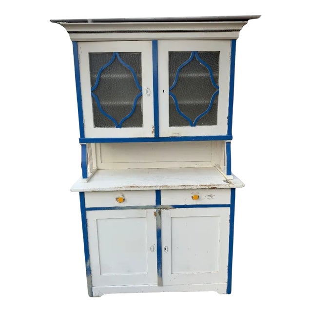 Vintage Glass & Painted Wood Kitchen Cupboard, 1930s For Sale