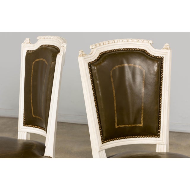 Antique French Louis XVI Style Painted Chairs With Olive Green Leather - A Pair For Sale - Image 15 of 18