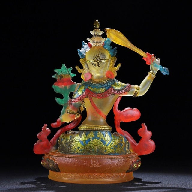 Vintage Liuli Glass Manjushri Bodhisattva Sculpture For Sale - Image 4 of 10