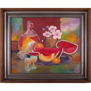 Vintage Mid Century Modern Bold Colorful Fruit Bowl Still Life Realism Signed Framed For Sale