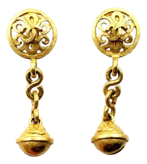 1990s Chanel Vintage Gold Plated CC Filigree Round Bell Dangle Clip on Earrings, A Pair