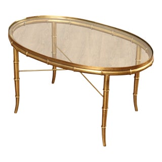 1970s Hollywood Regency Faux Bamboo Oval Brass And Glass Coffee Table For Sale