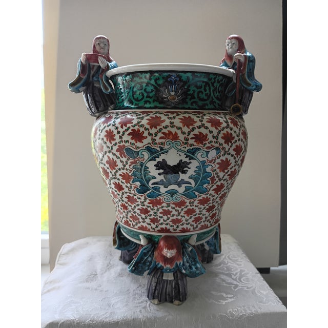Antique Asian Porcelain Centerpiece Bowl With 5 Sculpted Figurine Handles & Feet For Sale - Image 13 of 16