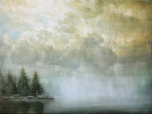 Polarity by Brian Sostrom | Acrylic on panel Landscape with trees and cloudy sky over water