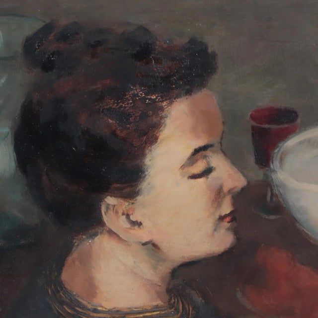 American Albert Serwazi (American 1905-1992) "Gertrude With Parrot". Oil on Canvas C 1940s For Sale - Image 3 of 8