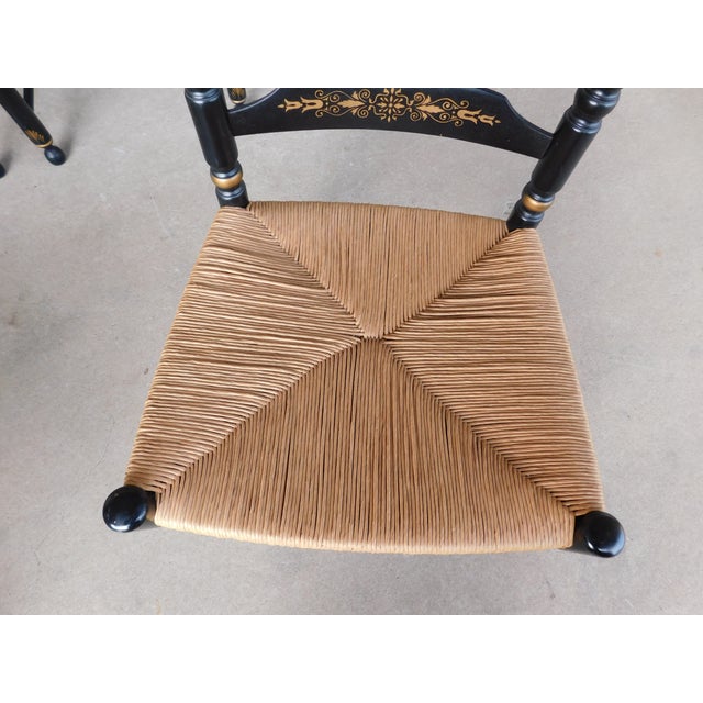 Late 20th Century L Hitchcock Harvest Stenciled Black Ladder Back Rush Bottom Dining Chairs - Set of 8 For Sale - Image 5 of 18