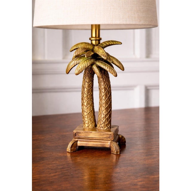 Late 20th Century Petite Tropical Palm Tree & Pineapple Table Lamps With Linen Drum Shades – Hollywood Regency Coastal Style, 16” H - a Pair For Sale - Image 10 of 10