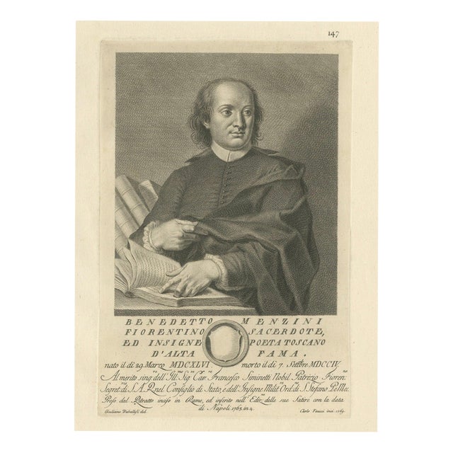 Benedetto Menzini, Florentine Poet & Priest Portrait, 1769, Etching For Sale