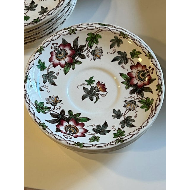 Wonderful set of English 19thc Minton transfer ware. Passion Flower pattern. 43 pieces. 8 10.5” dinner plates; 8 9” salad...