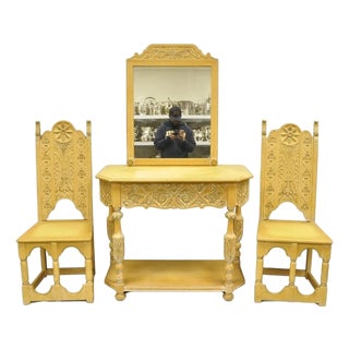 Vintage Gothic Renaissance Painted Hall Altar Console Table Chair Set - 4 Pc Set For Sale