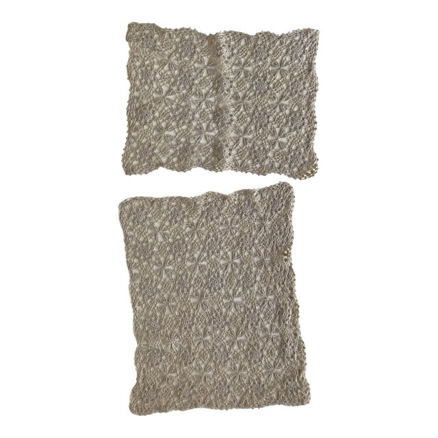 Vintage Fine Crochet Handmade Ecru Doilies- Set of 2 For Sale