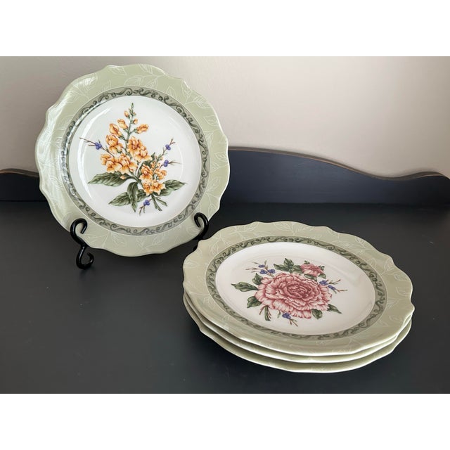 Green Early 21st Century Sage Green With Flowers “Vintage Garden” Plates- Set of 4 For Sale - Image 8 of 12
